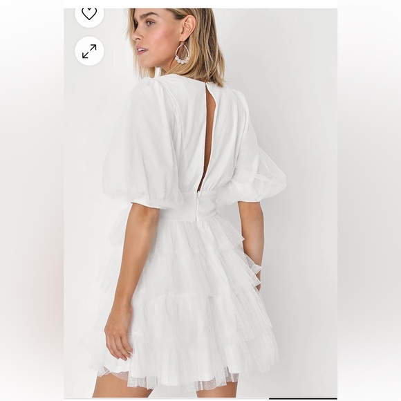 Lulu’s Dramatic Poise White Dot Tulle Puff Sleeve Tiered Mini Dress - Picture 4 of 12